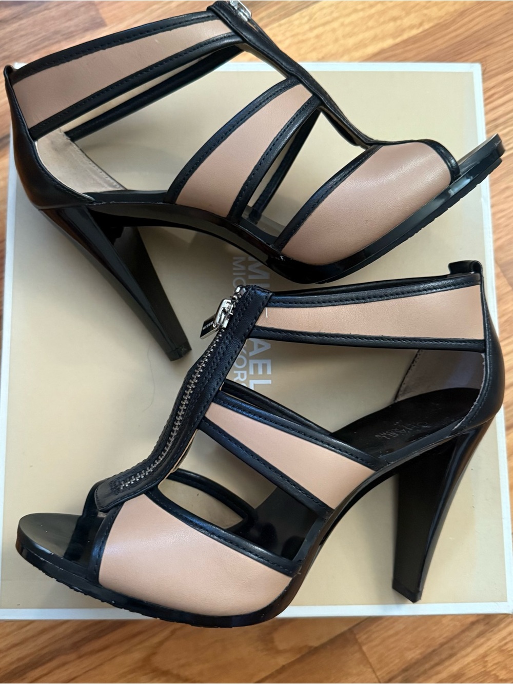 Michael Kors Berkeley T Strap Black and Toffee Leather High Heels
